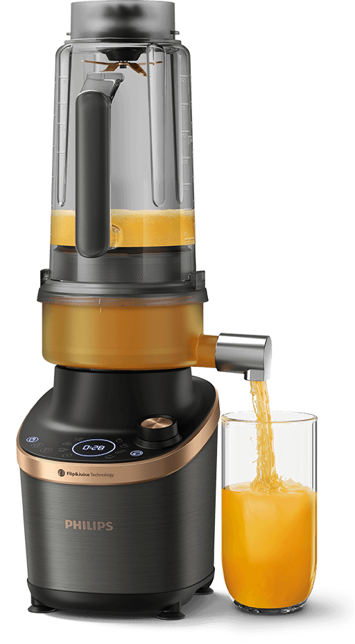 Blender 2w1 Flip&Juice&trade; HD3770 w trybie sokowir&oacute;wki, podczas wyciskania świeżego soku i napełnia nim szklanki.